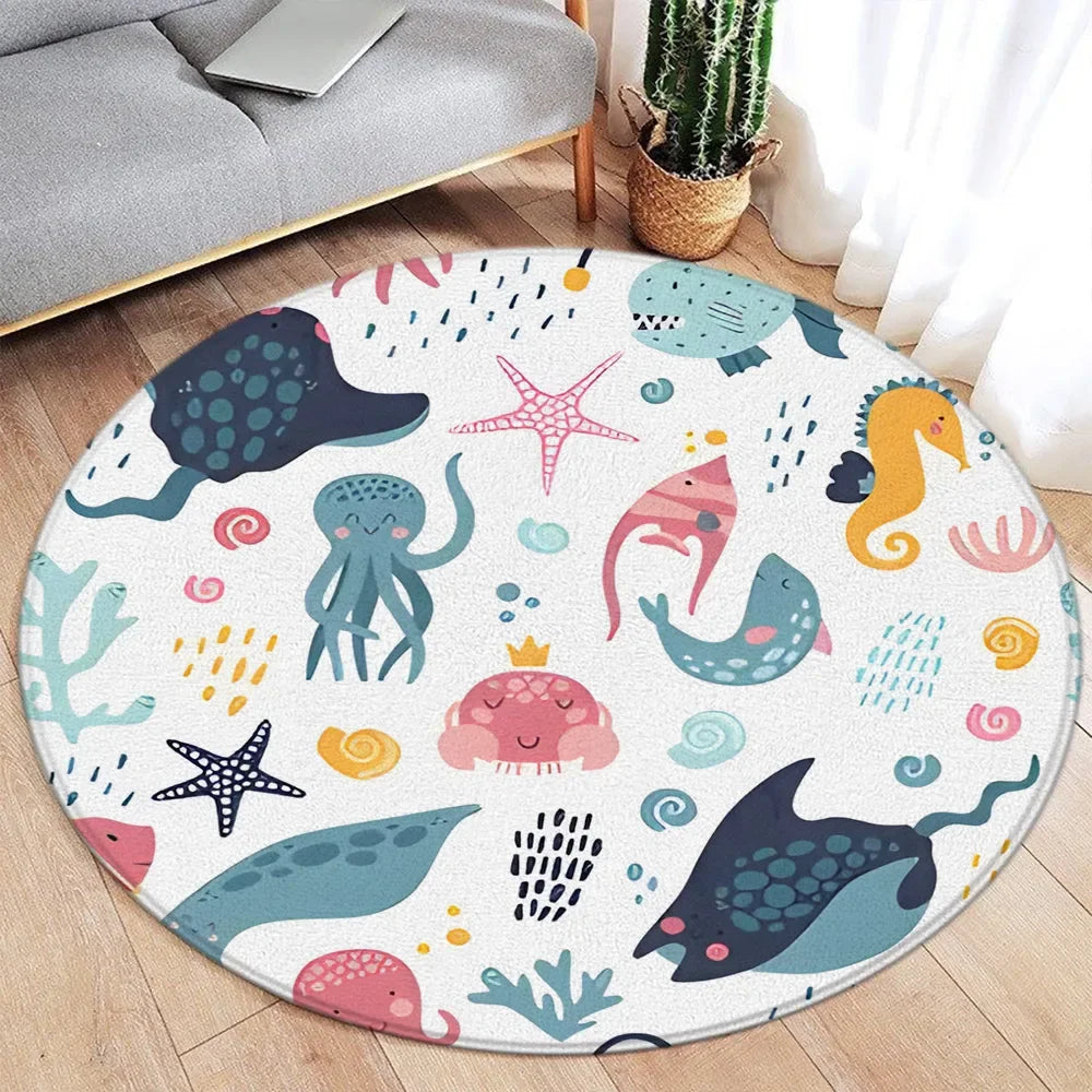 Navak Teppich, Cartoon-Design, rund, für Ozean, Fisch, Delfin, Seestern, niedlich, Hirsch, Löwe, Elefant, Tiger, Kinder-Schlafzimmermatte, Heimdekoration, Wohnzimmer, Bodenteppich