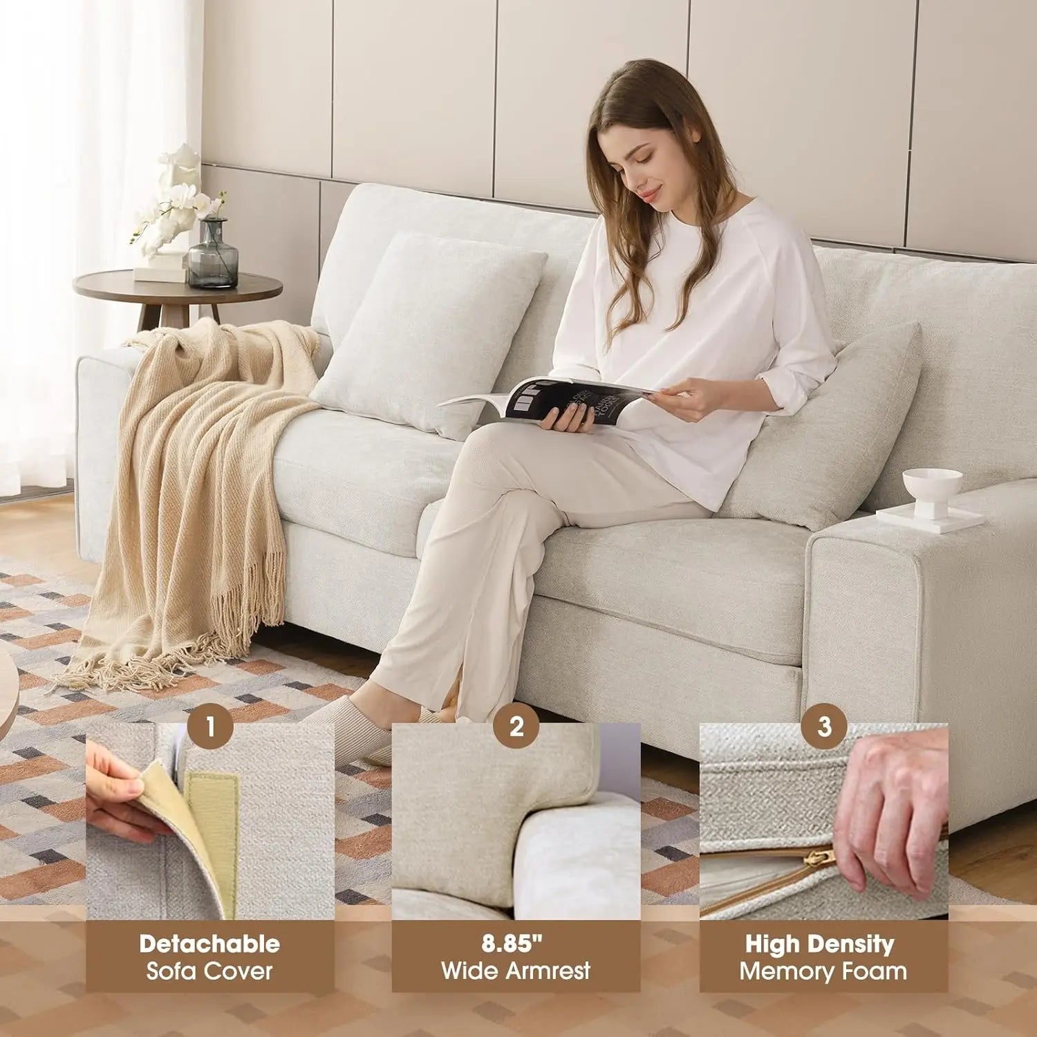 Navak Carpet Modernes Zweisitzer-Sofa für das Wohnzimmer, Chenille-Liegesessel, abnehmbarer Bezug, Federkissen, Massivholzrahmen,