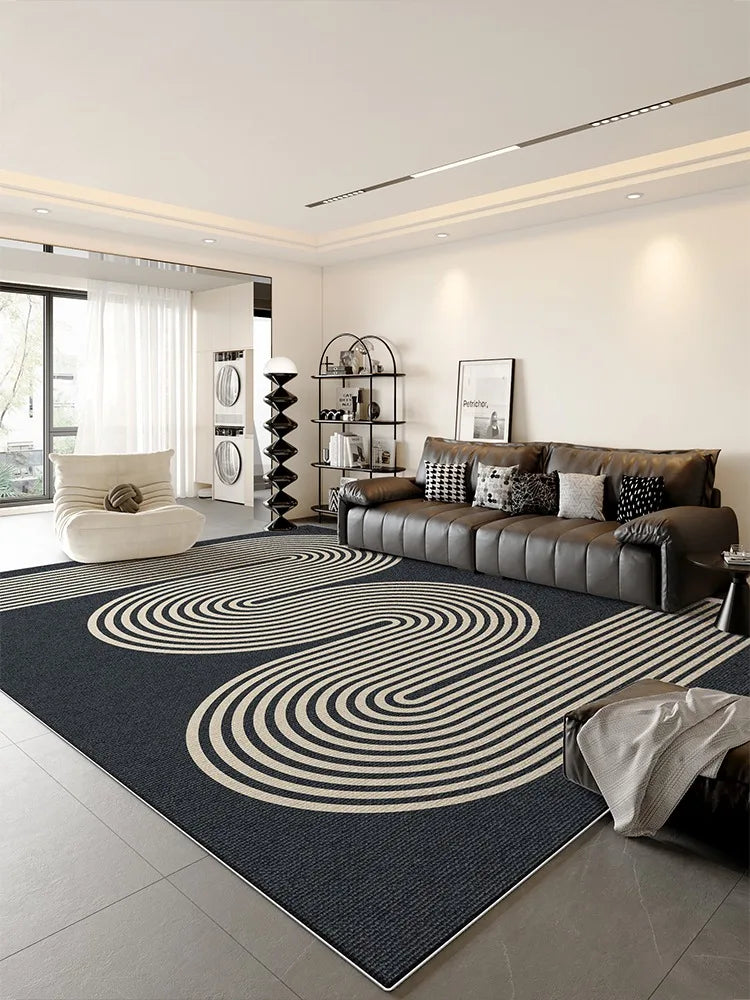 Navak Teppich, dunkelblau-cremefarben, gestreifter Teppich, moderne geometrische dekorative Teppiche, leicht zu reinigen, Kunstlinien, Wohnzimmerteppiche, bequemer Schlafzimmerteppich
