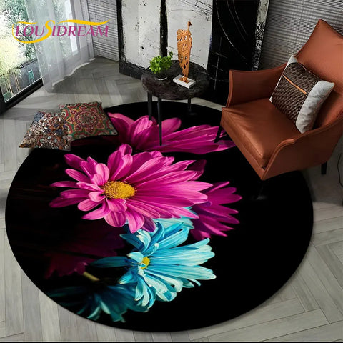 Navak Teppich, 3D-Gänseblümchen, nordische Blume, Sonnenblume, runder Teppich, Teppich für Wohnzimmer, Kinderzimmer, Sofa, Spielzimmer, Dekoration, rutschfeste Bodenmatte