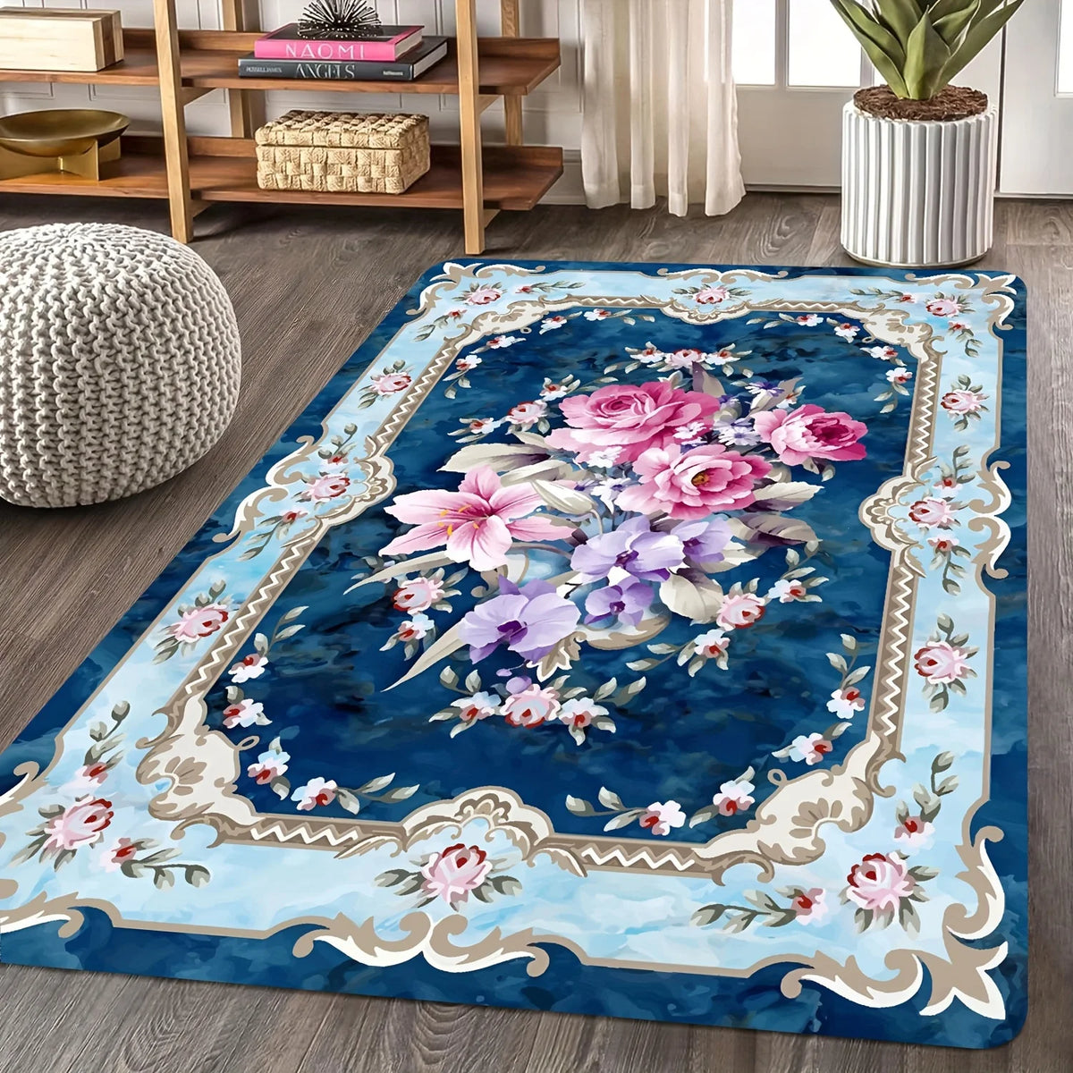 Navak Carpet Crystal velvet rug, large Persian floral print. Pink, white, green retro boho mat for modern homes—entry, bedroom, living room.