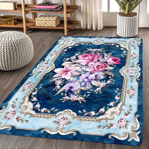 Navak Carpet Crystal velvet rug, large Persian floral print. Pink, white, green retro boho mat for modern homes—entry, bedroom, living room.
