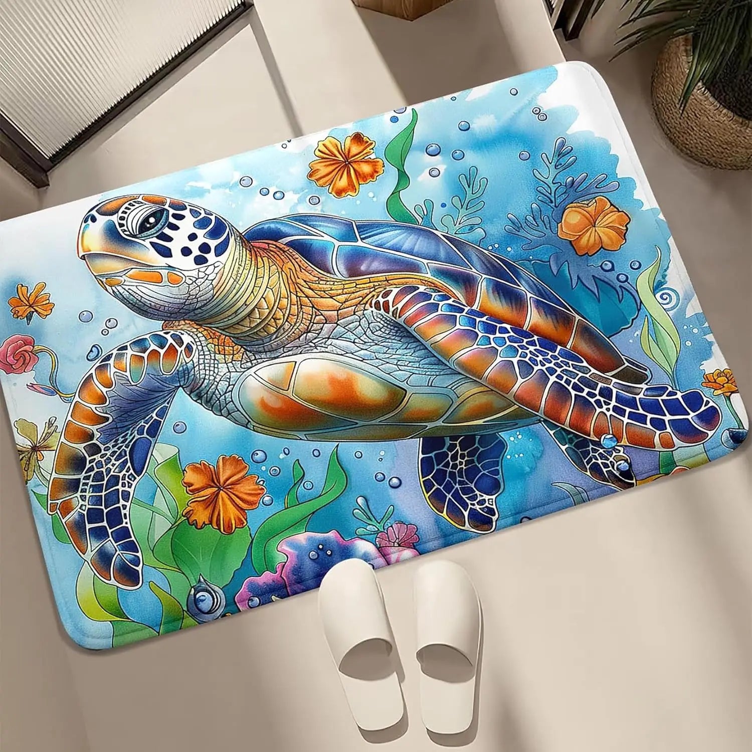 Navak Carpet Ozean-Thema Meeresschildkröten-Teppich für Wohnzimmer und Kinderzimmer, Küstendekor-Teppich, Unterwasser-Meerestier-Teppich