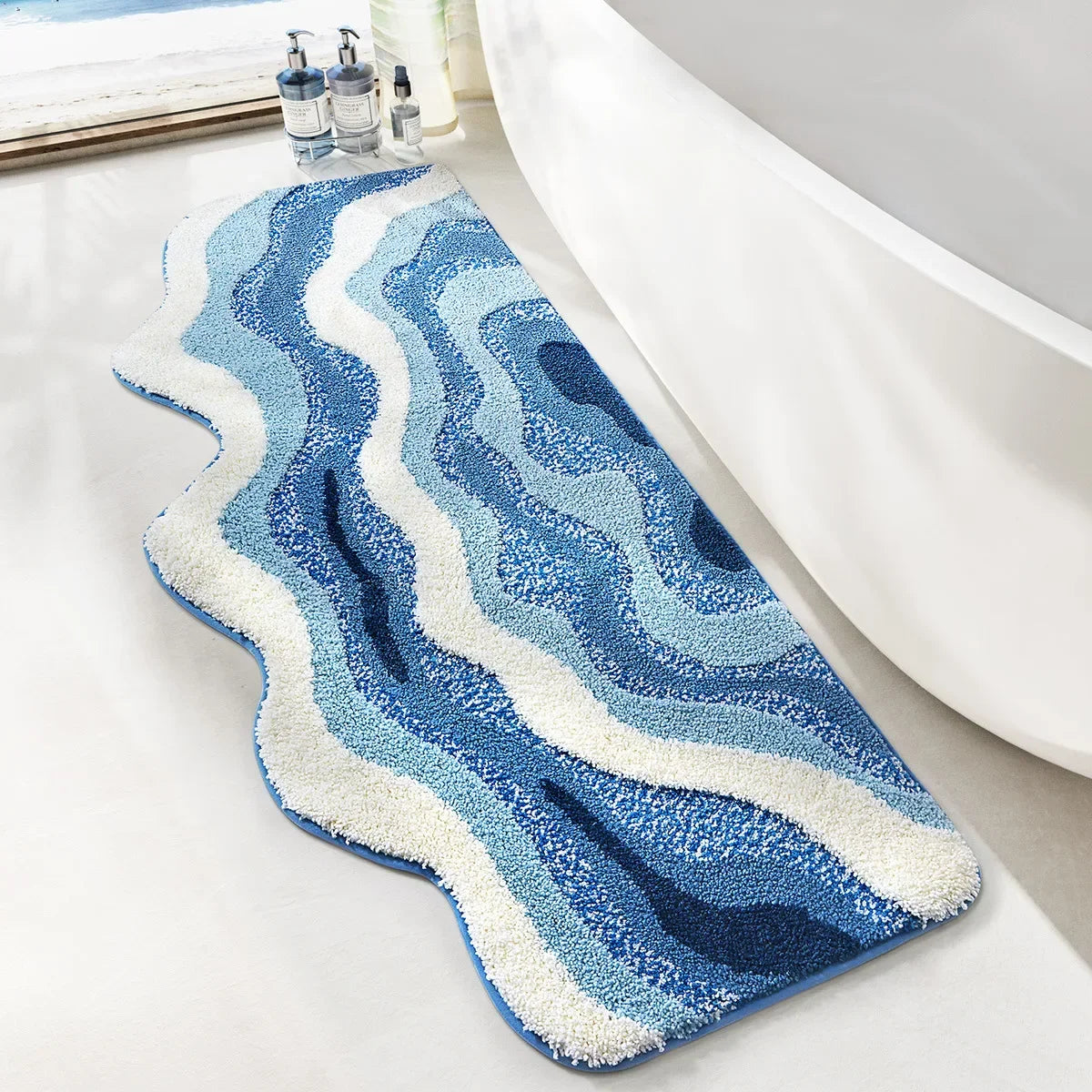 Navak Carpet 70 x 160 cm, handgetufteter Nachttischteppich mit Wellenmuster, Teppiche zur Dekoration des Schlafzimmers, beflockte Mikrofaser-Badezimmermatte, rutschfest, saugfähig