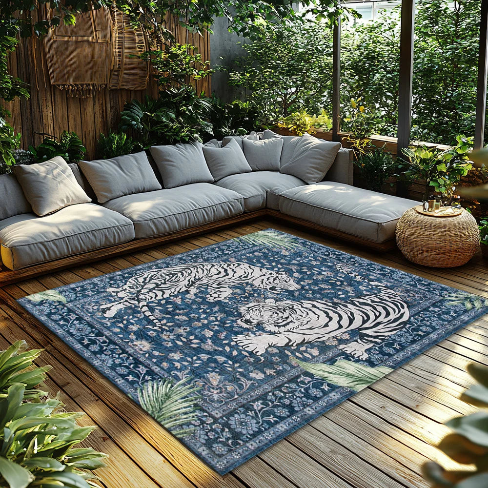 Navak Carpet Blauer Tigermuster-Boho-Teppich, Rutschfester Teppich mit Dschungelmotiv, Plüsch-Wohnzimmermatte für von der Natur inspiriertes Dekor