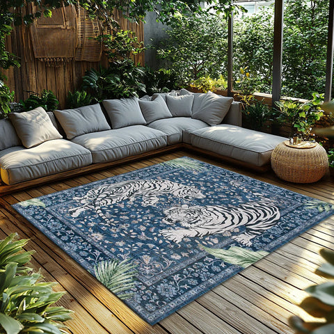 Navak Carpet Blauer Tigermuster-Boho-Teppich, Rutschfester Teppich mit Dschungelmotiv, Plüsch-Wohnzimmermatte für von der Natur inspiriertes Dekor