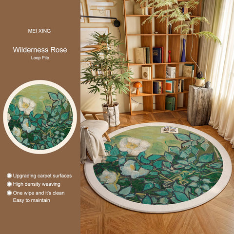 Navak Teppich, runder Teppich, Wohnzimmerteppich, weich, für Schlafzimmer, Nachttisch, Bodenmatte, Pflanzen, Blumen, französischer Retro-Stil, rutschfeste Teppiche, Heimdekoration, Tapis