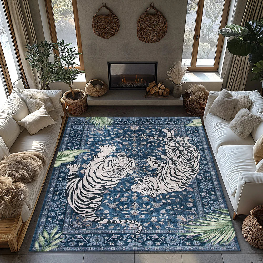 Navak Carpet Blauer Tigermuster-Boho-Teppich, Rutschfester Teppich mit Dschungelmotiv, Plüsch-Wohnzimmermatte für von der Natur inspiriertes Dekor