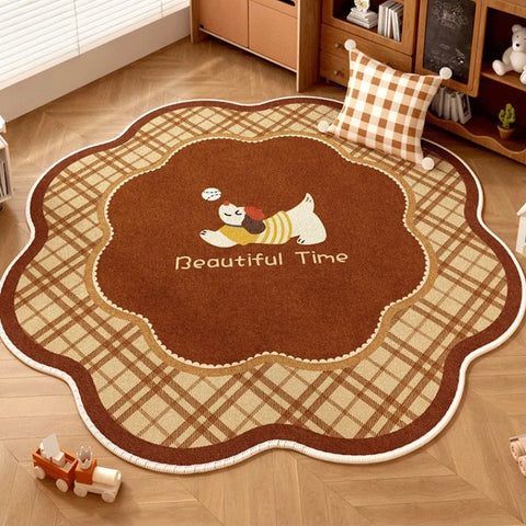 Navak Carpet Retro Brown Living Room Decoration Round Carpet Cartoon Style Rugs for Bedroom Anti-slip Lounge Floor Mat Washable Home Soft Rug