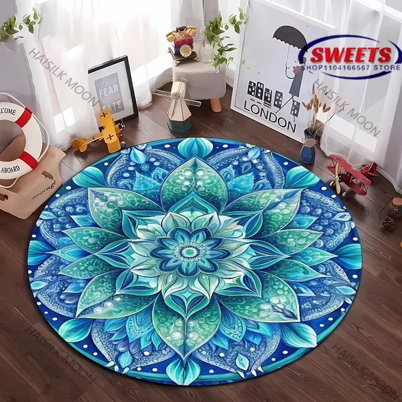 Navak Carpet Next Day Shipping Mandala Flower Printing Round Carpet Bedroom Living Room Sofa All Season Mat Kids Room Non-Slip Decorative Rug