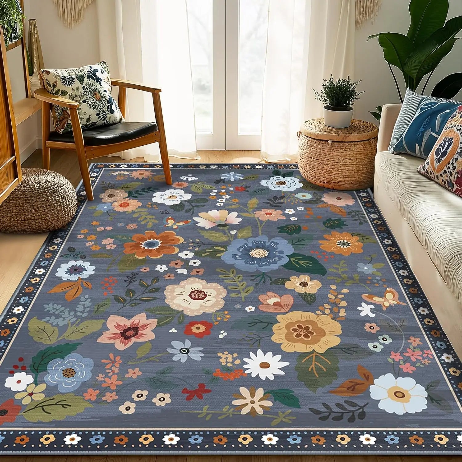 Navak Carpet Crystal Velvet CarpetFloral Area Rug Machine Washable Soft Print Boho Carpet Non Slip Footmat Low Pile Flower Area Rugs for