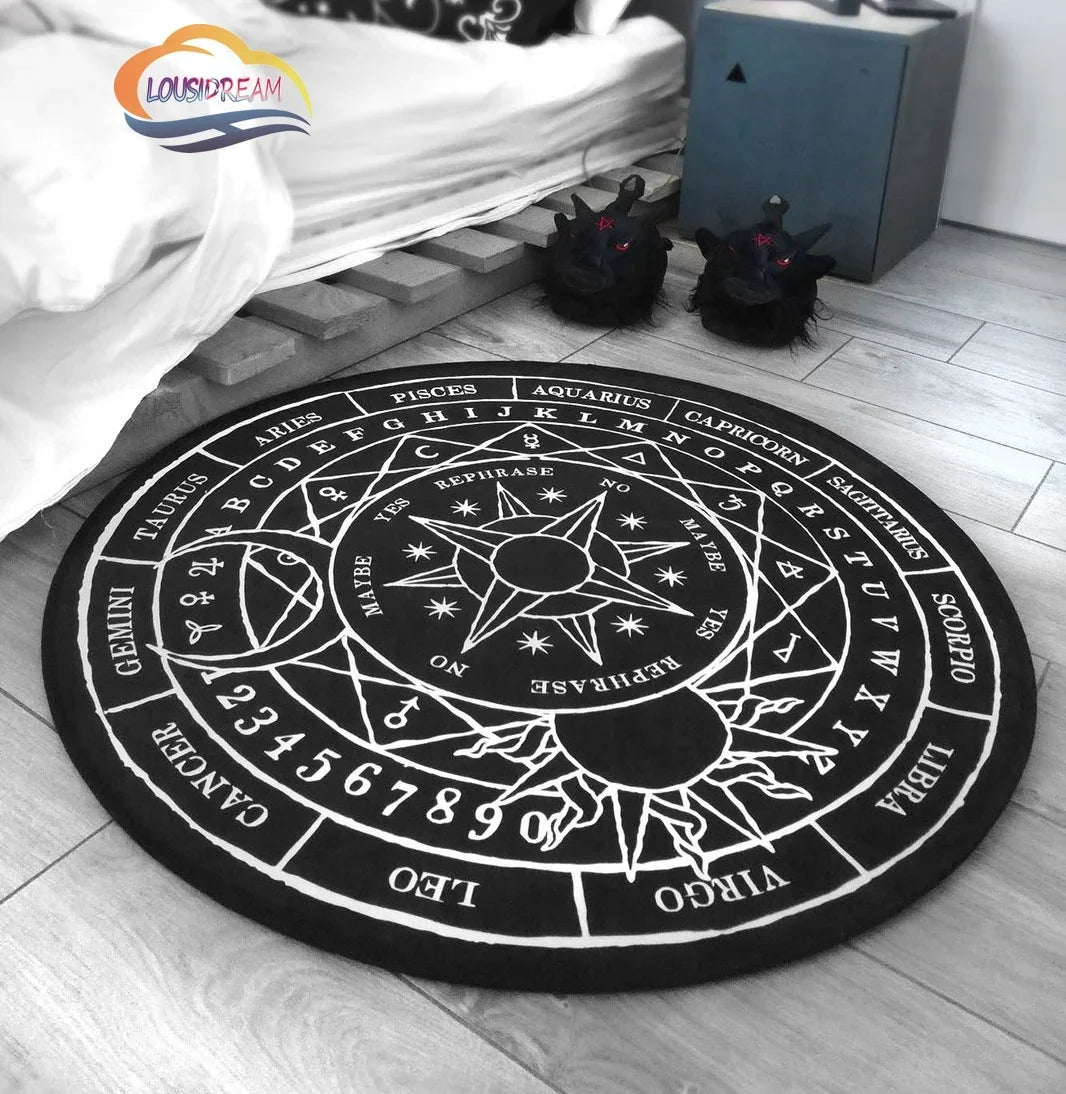 Navak Teppich Pentagramm Sonne gemusterter runder Teppich, Satan Devil's Trap Teppich, Weiß auf Schwarz Supernatural Runen Teppich