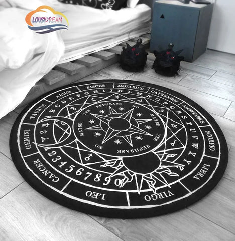 Navak Teppich Pentagramm Sonne gemusterter runder Teppich, Satan Devil's Trap Teppich, Weiß auf Schwarz Supernatural Runen Teppich