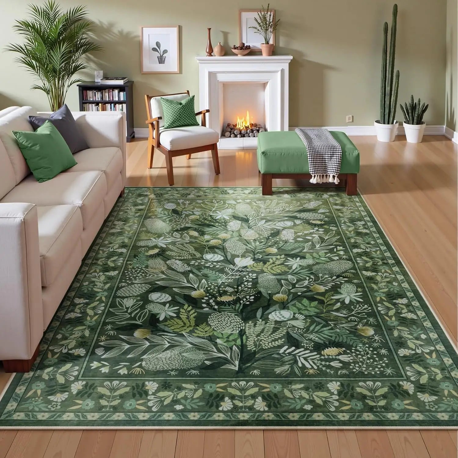 Navak Carpet Crystal Velvet CarpetAn Green Botanical Floral Washable Area Rugs, Abstract Large Rugs for Living Room Non-Slip Soft