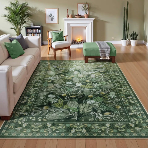 Navak Carpet Crystal Velvet CarpetAn Green Botanical Floral Washable Area Rugs, Abstract Large Rugs for Living Room Non-Slip Soft