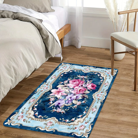 Navak Carpet Crystal velvet rug, large Persian floral print. Pink, white, green retro boho mat for modern homes—entry, bedroom, living room.