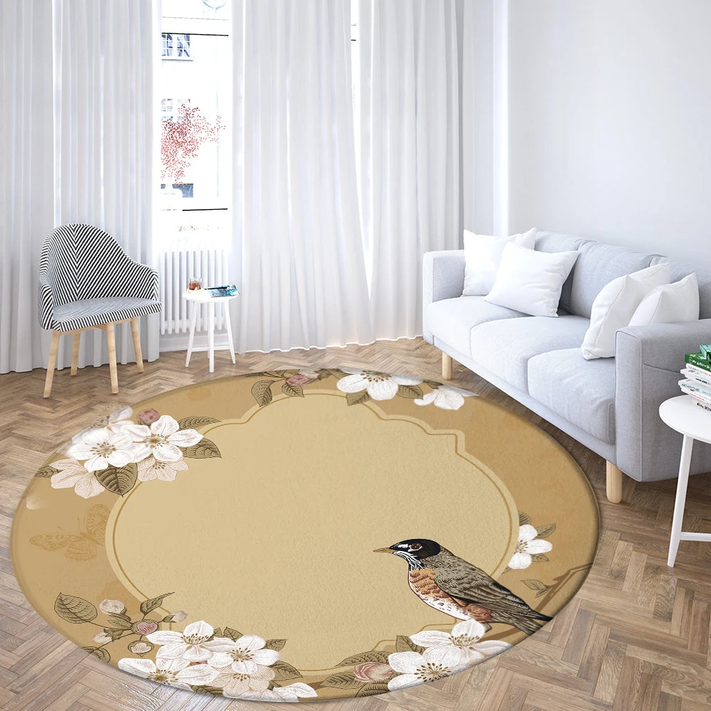 Navak Teppich Home Wohnzimmer Schlafzimmer Badezimmer Bodenmatte Druck Dekorativer Teppich Blume und Vogel Runde Pfingstrose Rose