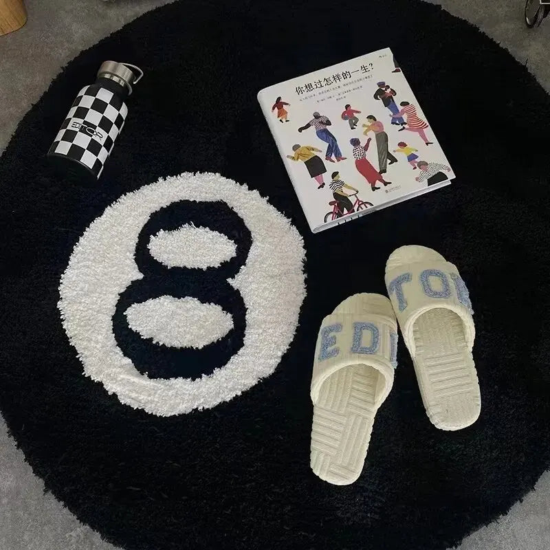 Navak Teppich, 1 Packung, schwarz, Billard, 8-Ball, rund, beflockter Boden, Schlafzimmer, rutschfeste Teppichmatte, Wohnzimmer, Plüsch, weicher Schlafzimmerteppich