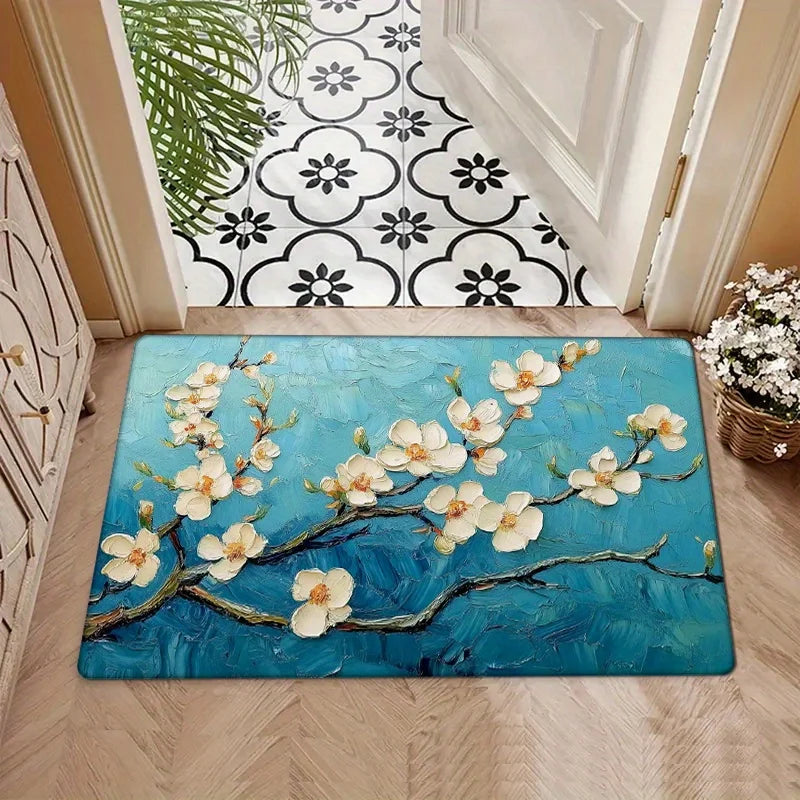 Navak Carpet 1 Stück Fußmatte mit blauem Blumenzweig, Polyestergewebe, maschinenwaschbar, geeignet für Wohnzimmer, Schlafzimmer, Küche, Heimdekoration