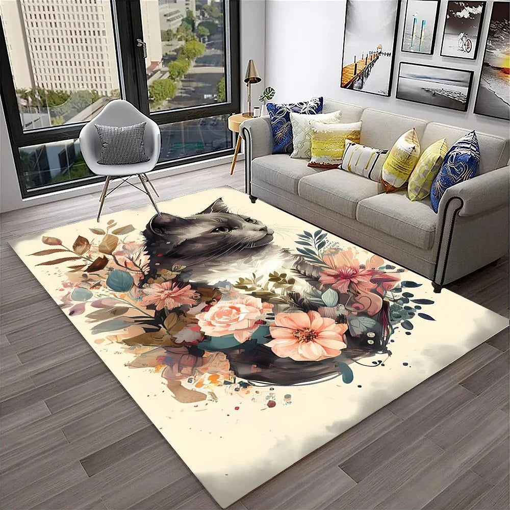 Navak Teppich, 3D, süße Katze, Blume, Cartoon-Teppich für Zuhause, Wohnzimmer, Schlafzimmer, Sofa, Fußmatte, Dekoration, Kinderspielbereich, rutschfeste Bodenmatte