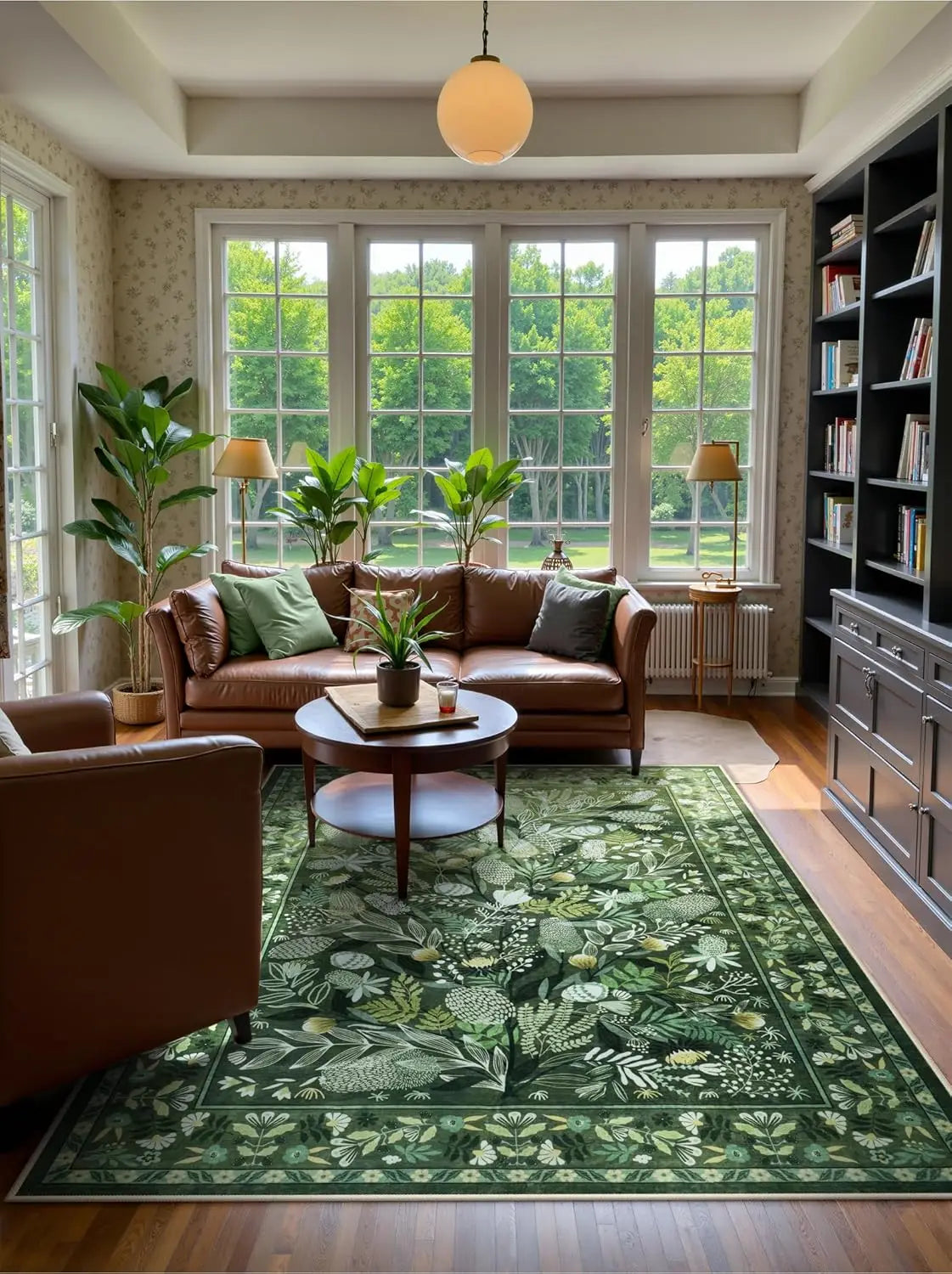 Navak Carpet Crystal Velvet CarpetAn Green Botanical Floral Washable Area Rugs, Abstract Large Rugs for Living Room Non-Slip Soft