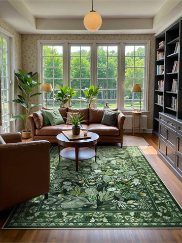 Navak Carpet Crystal Velvet CarpetAn Green Botanical Floral Washable Area Rugs, Abstract Large Rugs for Living Room Non-Slip Soft