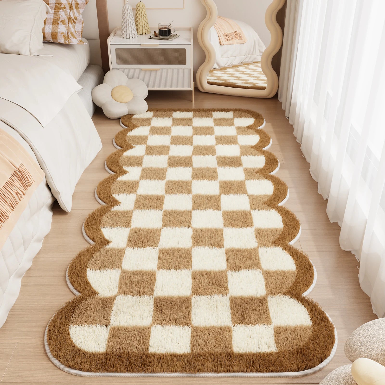 Navak Teppich Schachbrett-Teppiche für Wohnzimmer, niedlicher Schlafzimmer-Dekor-Teppich, flauschig, weich, unregelmäßig, Plüsch-Teppich fürs Bett, verdickte Bodenmatte