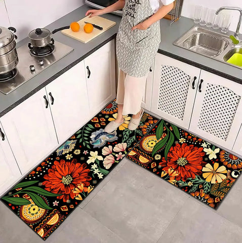 Navak Carpet Exclusive Picks 2-teiliges Sommerblumen-Teppichset, Heimdekoration, rutschfeste, schmutzabweisende und waschbare Bodenmatte, Badezimmerteppich für den Innenbereich