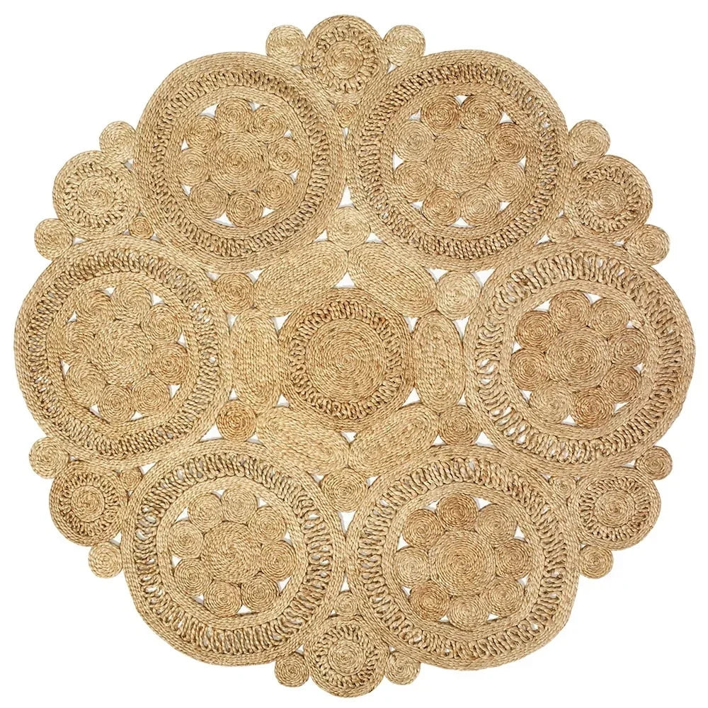 Navak Teppich, natürlicher geflochtener Jute-Teppich, rund, handgefertigt, für den Innenbereich, weich, Bohemian-Stil, geometrisches Design, Heimdekoration, Esszimmer, Schlafzimmer, Wohnzimmer