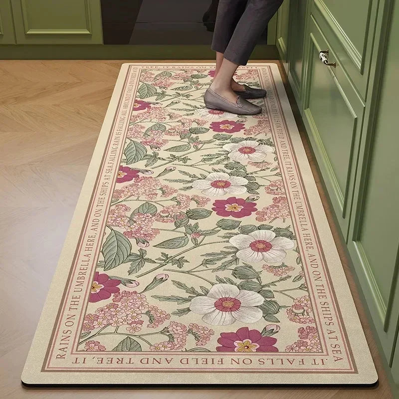 Navak Teppich Teppich für Küche Bodenmatte PVC Leder Wasserdicht Rutschfest Lang Teppich Ölbeständig Fußmatten Rosa Blume Home Dekoration Teppiche