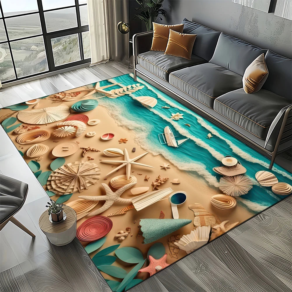 Navak Carpet 2025 Neuer Seestern-Strand-Muschel-Seestern-Sand-Teppich für Wohnzimmer, Schlafzimmer, Heimsofa-Dekoration, Kinderspiel-Rutschfeste Bodenmatte