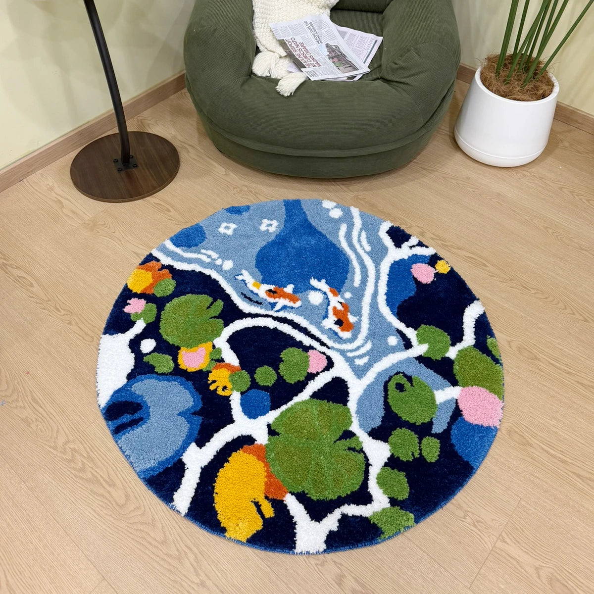 Navak Carpet Bunter Lotusteich, rund, handgefertigt, getufteter Teppich für Wohnzimmer, psychedelisches Schlafzimmer, Retro-Teppich, Plüsch, Kreis, abstrakte Kunst, Bereichsteppich