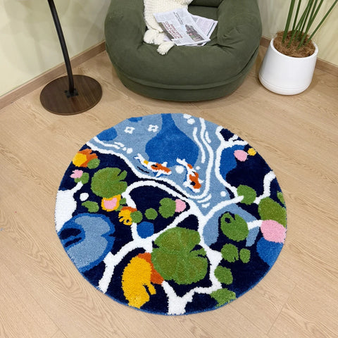 Navak Carpet Bunter Lotusteich, rund, handgefertigt, getufteter Teppich für Wohnzimmer, psychedelisches Schlafzimmer, Retro-Teppich, Plüsch, Kreis, abstrakte Kunst, Bereichsteppich