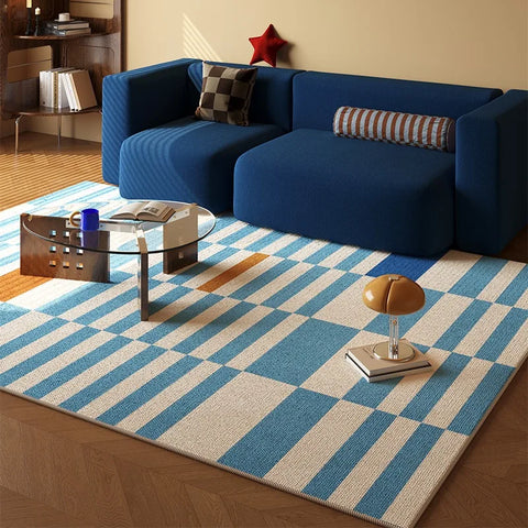 Navak Teppich Großflächiger Teppich für Wohnzimmer Schlafzimmer Fußmatten Retro Blau Gestreifter Schlingenflor TPR Teppich Sofa Couchtisch Fußmatte 카페트 거실 대형