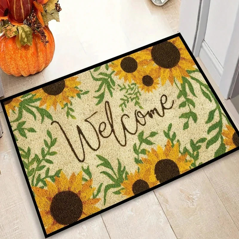 Navak Carpet 1 Stück Fußmatte mit Blumenbuchstaben-Aufdruck „Willkommen“, rutschfester Badvorleger, farbecht, Bodenmatte für Küche und Garten, waschbar, Heimdekor-Teppiche