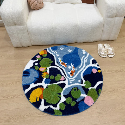 Navak Carpet Bunter Lotusteich, rund, handgefertigt, getufteter Teppich für Wohnzimmer, psychedelisches Schlafzimmer, Retro-Teppich, Plüsch, Kreis, abstrakte Kunst, Bereichsteppich