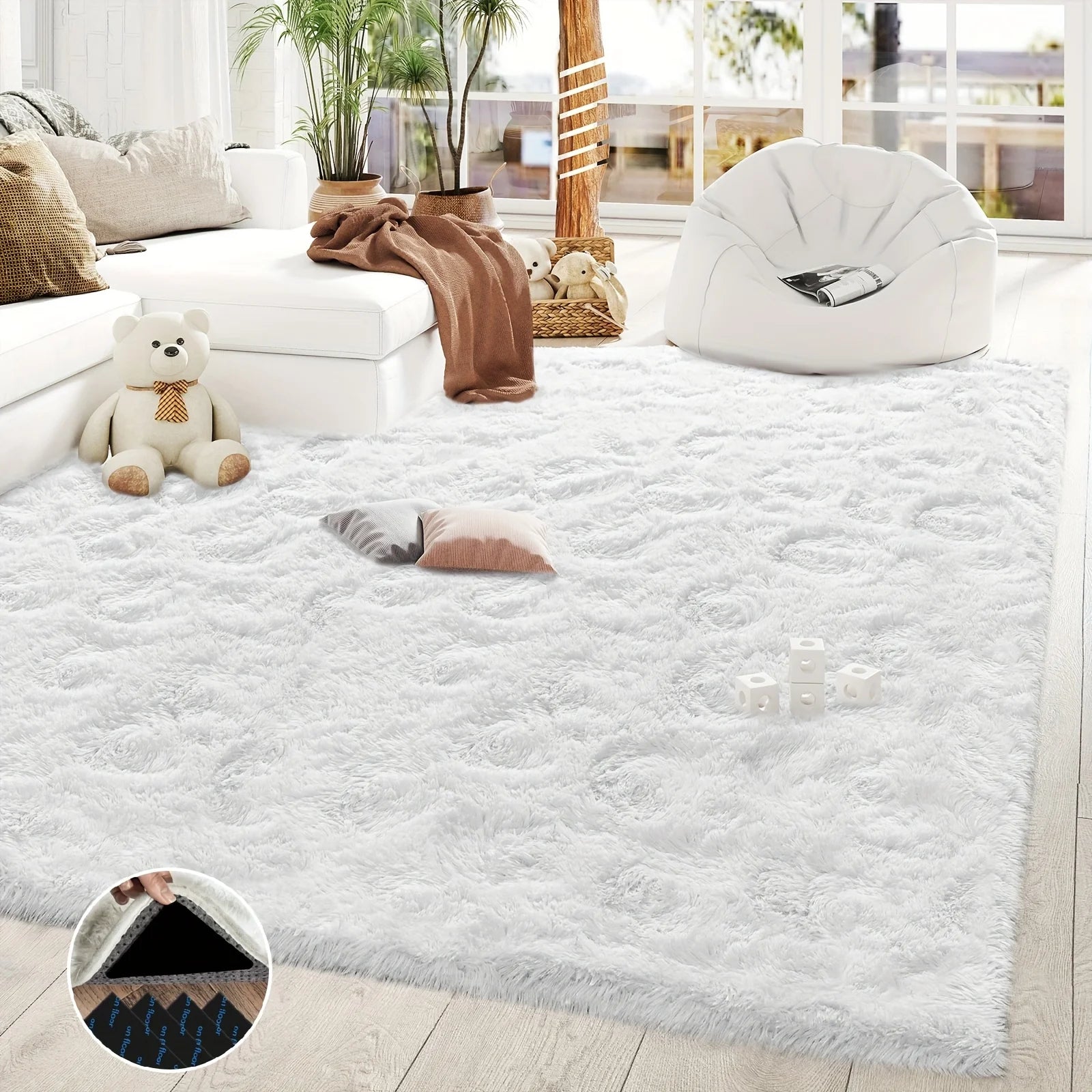 Navak Carpet White Fluffy Shaggy Non-Slip Rugs For Living Room Bedroom Nursery,Luxury Modern Plush Carpet with 4 Stickers,Room Decor Rugs