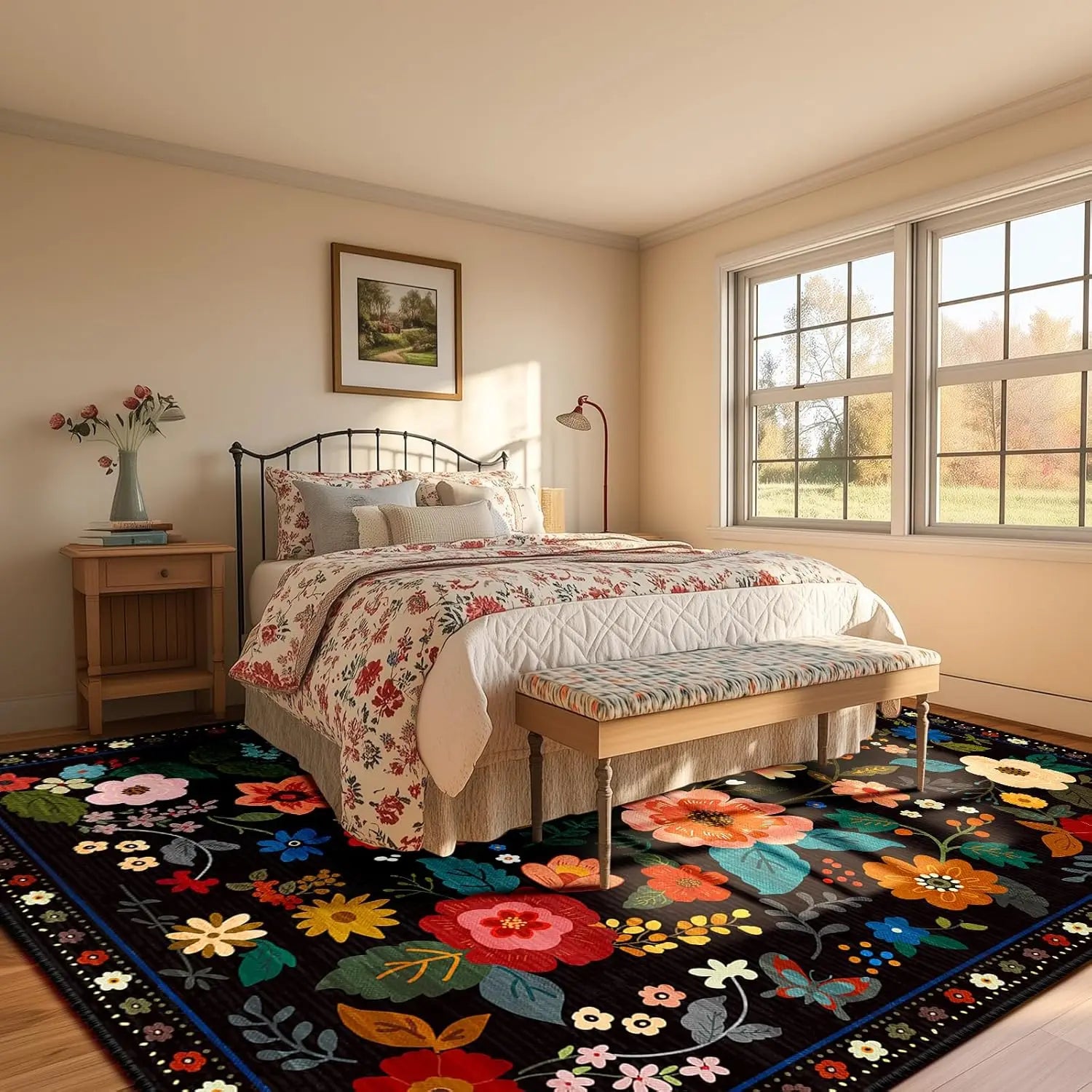 Navak Carpet Crystal Velvet CarpetFloral Area Rug Machine Washable Soft Print Boho Carpet Non Slip Footmat Low Pile Flower Area Rugs for