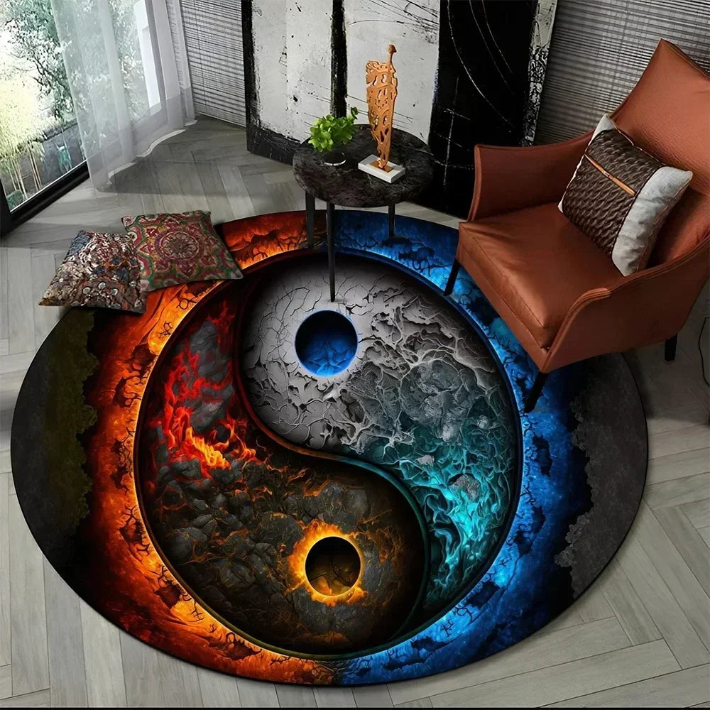 Navak Carpet Crystal Velvet Yin Yang Runder Teppich, 3D Tai Chi Druck, rutschfeste Bodenmatte für Wohnzimmer, Schlafzimmer, Heimdekor, Kreisbereichsteppich