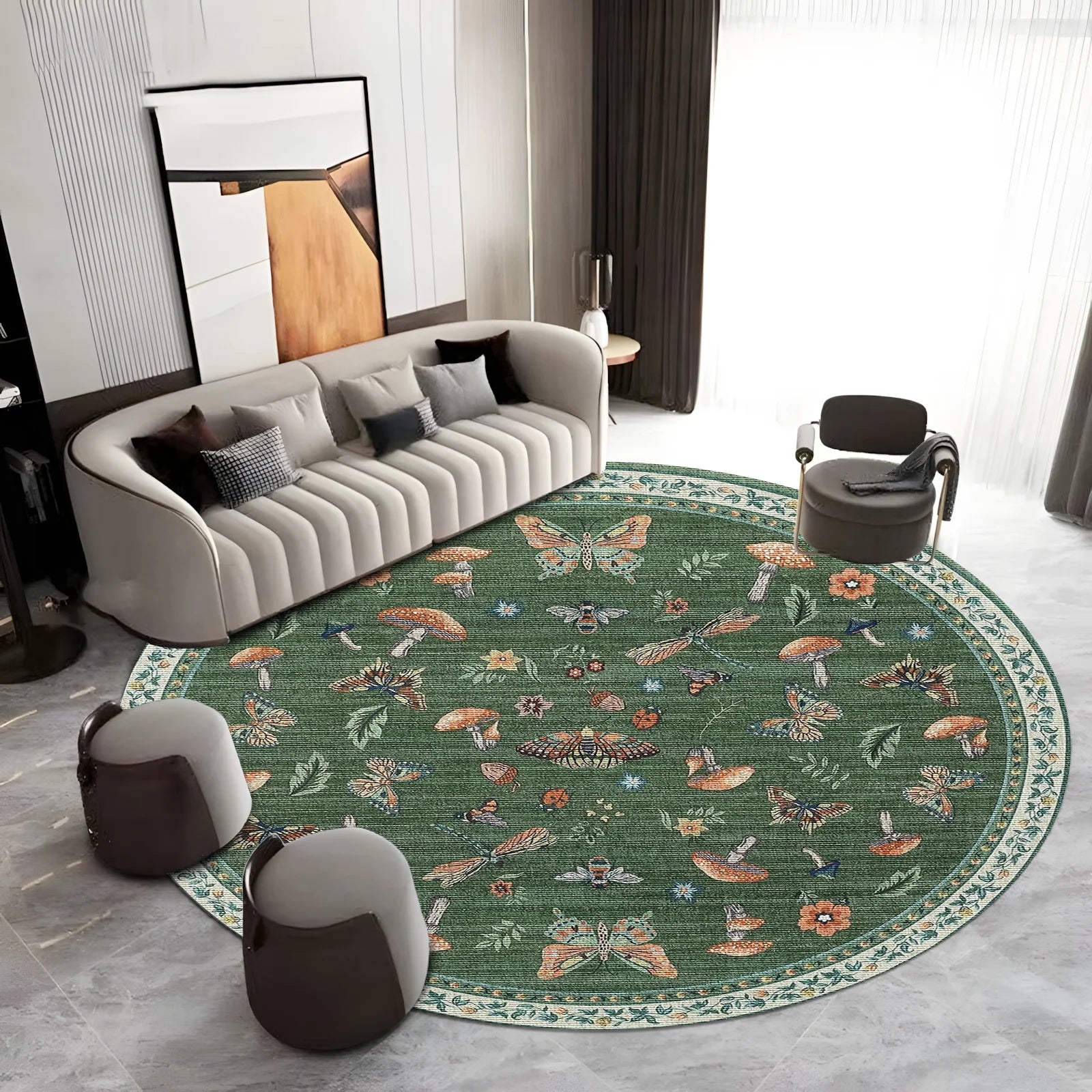 Navak Carpet Runder Boho-Blumenteppich – Lebendiger Pilz- und Schmetterlingsdruck, rutschfester Teppich für Wohnzimmer/Schlafzimmer, von der Natur inspiriertes Dekor