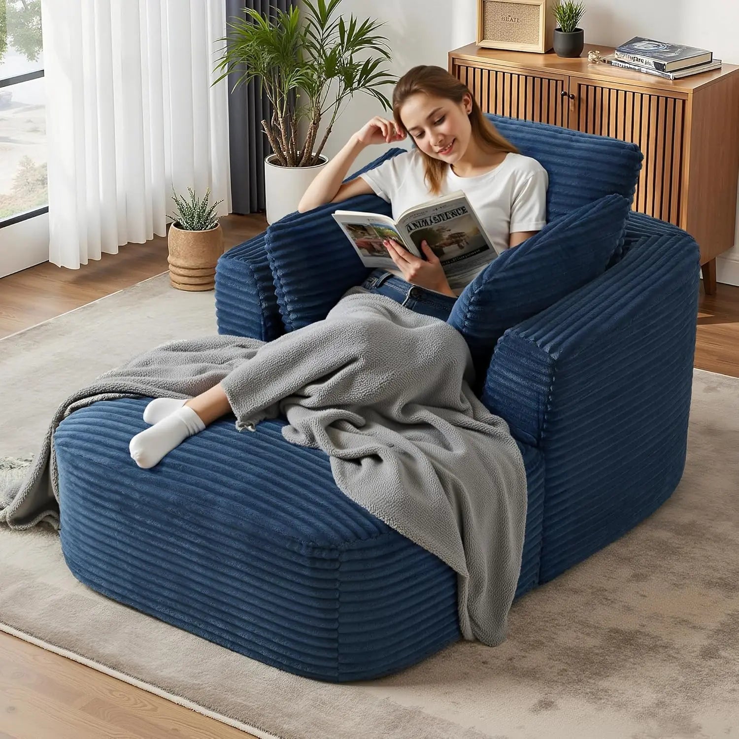 Navak Carpet „65“ Cord-Sofa ohne Knochen – luxuriöse, übergroße Chaiselongue mit tiefer Sitzfläche, Lese-/Schlafsessel für das Wohnzimmer