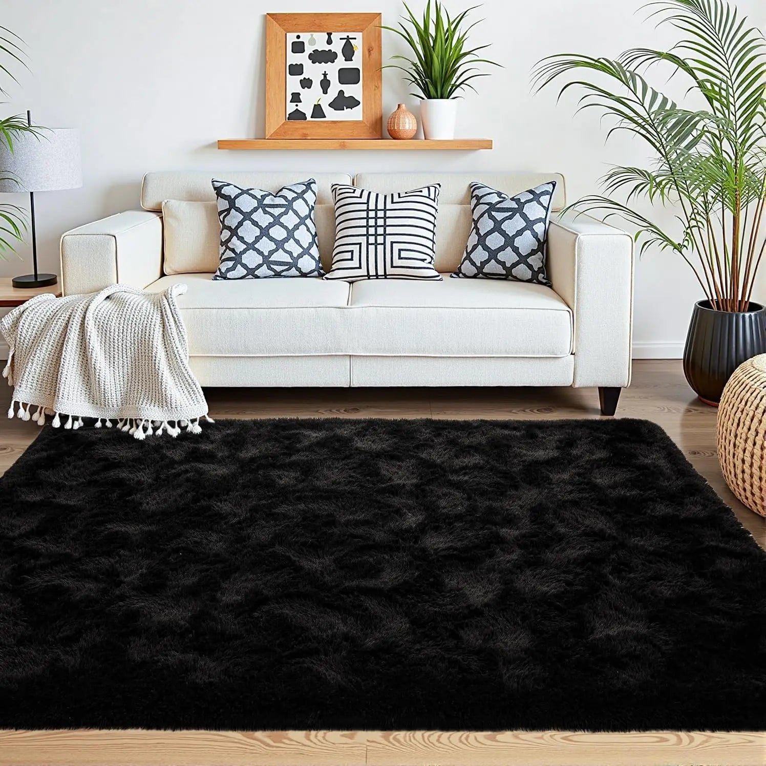 Navak Carpet Exclusive Picks Luxuriöser schwarzer Plüschteppich mit großer Fläche für Wohnzimmer, Schlafzimmer, flauschiger Teppich, zotteliger weicher Nachtvorleger, kleine Badezimmer-Bodenmatte