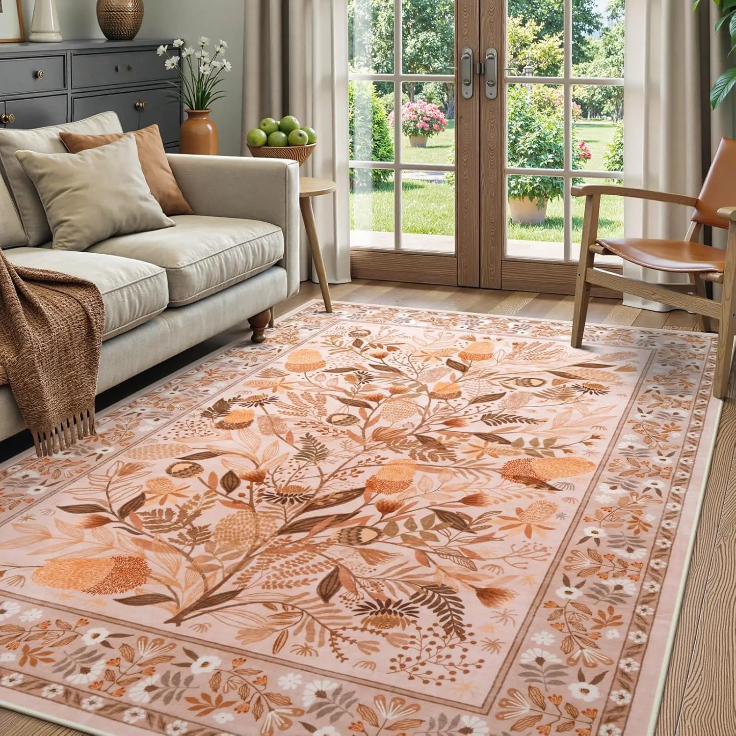 Navak Carpet Crystal Velvet CarpetAn Green Botanical Floral Washable Area Rugs, Abstract Large Rugs for Living Room Non-Slip Soft