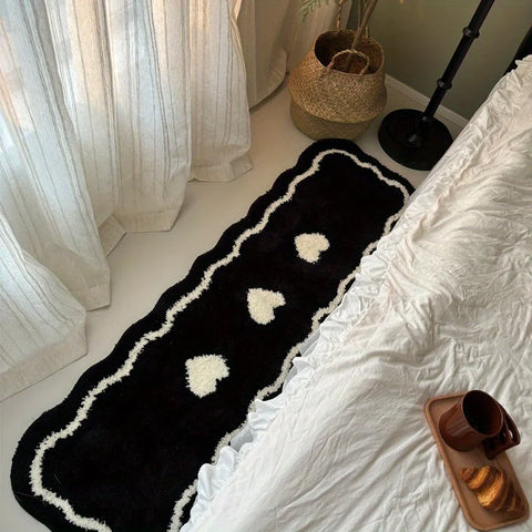 Navak Carpet Exclusive Picks Schwarz-weißer, herzförmiger, langer Teppich, flauschiger und weicher Nachttischvorleger für die Heimdekoration, Bodenmatte für Schlafzimmer, Flur und Korridor