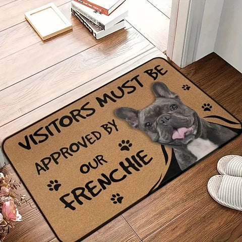 Navak Teppich Französische Bulldogge Anti-Rutsch-Fußmatte Interessanter "Besucher muss genehmigt werden" Willkommen Filzteppich Polyester Dekorativer Wohnzimmerteppich