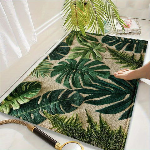 Navak Carpet 1 Rechteckige Badematte mit tropischem Pflanzenmuster in Grün – maschinenwaschbare, rutschfeste Unterseite aus Polyester mit weicher Plüschstruktur für das Badezimmer