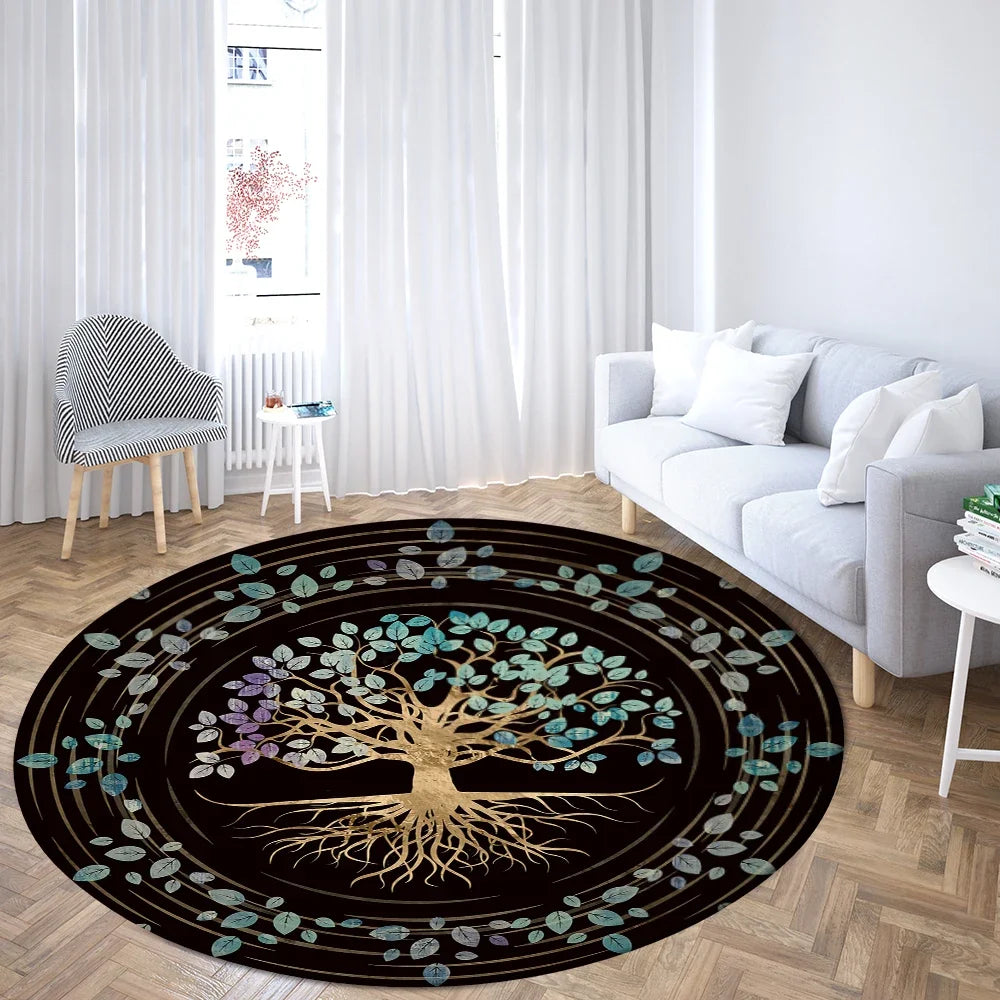 Navak Carpet World Tree Runder Teppich Flächenteppich Wikinger Nordische Mythologie Druck Runder Teppich Wohnzimmer Schlafzimmer Bodenmatte Spielzimmer Weicher runder Teppich
