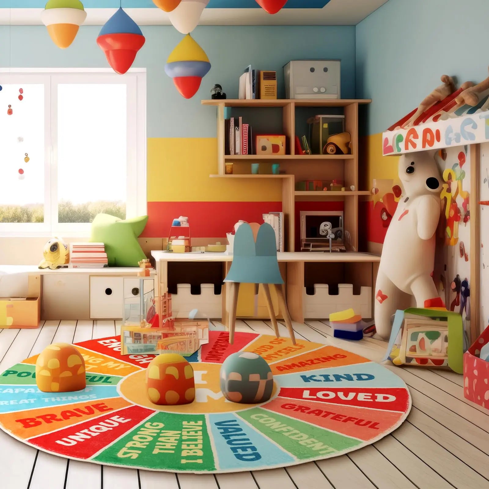 Navak Carpet Exclusive Picks – Beruhigende Ecke, Boho-Stil, rund, für den Schulanfang, Teppich mit positiven Worten, waschbar, pädagogischer Teppich, Dekoration für das Klassenzimmer