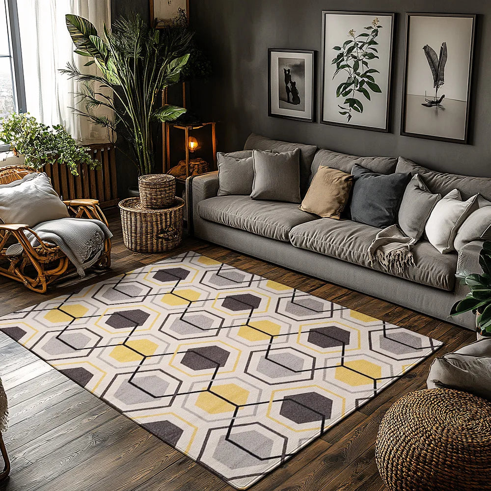 Navak Teppich, Gelb-Grau, Geometrischer Bohemian-Teppich, Modernes Muster, Rutschfester Teppich, Gemütliche Wohnzimmermatte für skandinavisches Dekor
