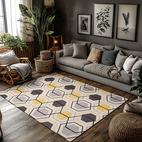 Navak Teppich, Gelb-Grau, Geometrischer Bohemian-Teppich, Modernes Muster, Rutschfester Teppich, Gemütliche Wohnzimmermatte für skandinavisches Dekor